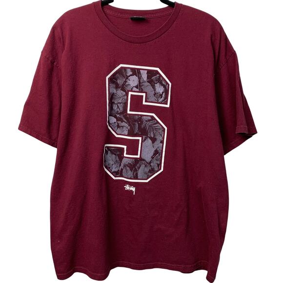 Stussy Mens XL Logo Cotton Tee Shirt Leaves Nature 80 Maroon Gray White - Picture 1 of 6